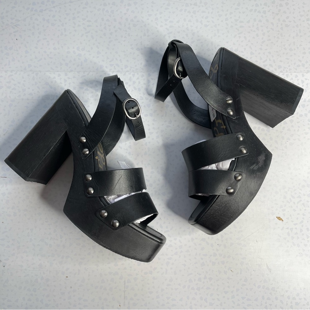 SAM EDELMAN Rosalind Black Leather Platform Heeled Sandals Size 8